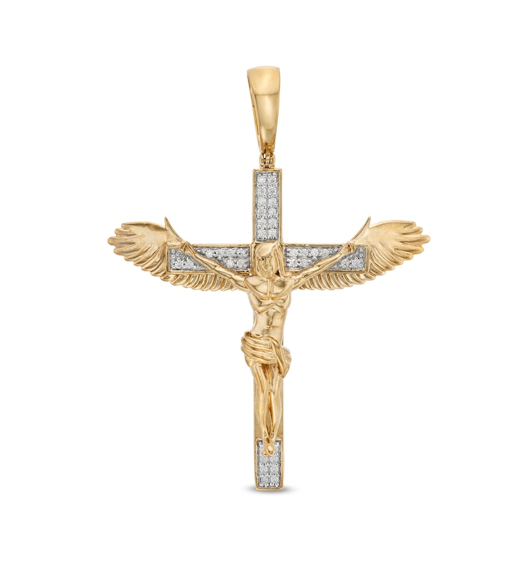 Main Image 1 of 1/4 CT. T.W. Diamond Crucifix with Wings Necklace Charm in 10K Gold