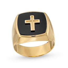 Men’s Cushion-Shaped Onyx Cross Signet Ring in 10K Gold