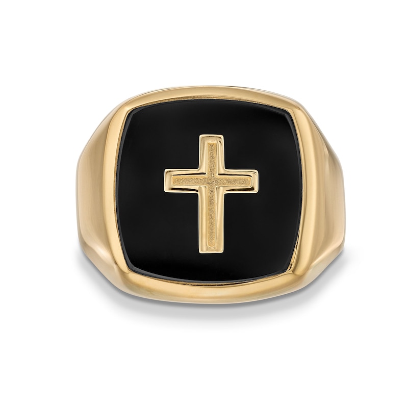 Men’s Cushion-Shaped Onyx Cross Signet Ring in 10K Gold