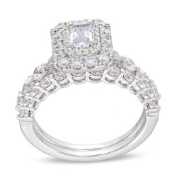 1-1/2 CT. T.W. Emerald-Cut Certified Diamond Double Frame Alternating Shank Bridal Set in 14K White Gold (I/SI2)
