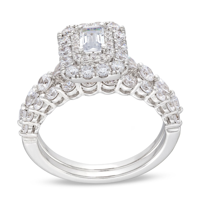 Main Image 1 of 1-1/2 CT. T.W. Emerald-Cut Certified Diamond Double Frame Alternating Shank Bridal Set in 14K White Gold (I/SI2)