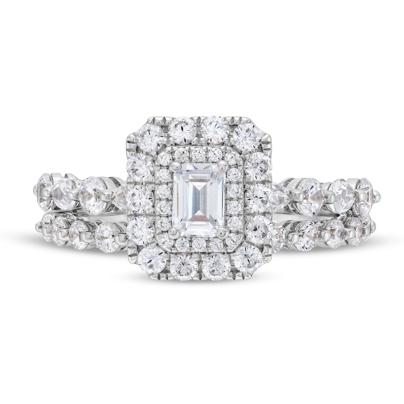 Main Image 4 of 1-1/2 CT. T.W. Emerald-Cut Certified Diamond Double Frame Alternating Shank Bridal Set in 14K White Gold (I/SI2)