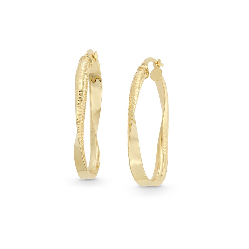 Main Image 1 of Hollow Diamond-Cut Wave Geometric Hoop Earrings in 14K Gold