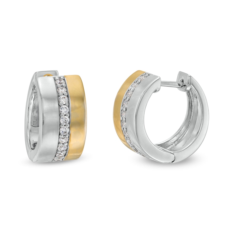 Main Image 1 of 1/3 CT. T.W. Diamond Center Hoop Earrings in 10K Two-Tone Gold