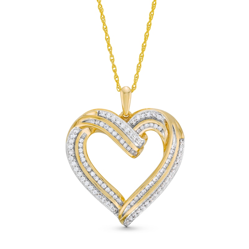 Main Image 1 of 1/2 CT. T.W. Diamond Double Row Ribbon Heart Pendant in 10K Gold