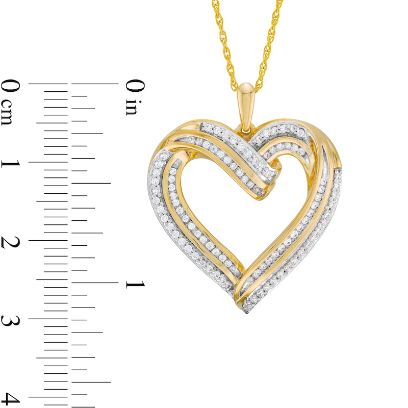 Main Image 3 of 1/2 CT. T.W. Diamond Double Row Ribbon Heart Pendant in 10K Gold