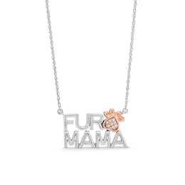 Diamond Accent &quot;FUR MAMA&quot; with Paw Print Necklace in Sterling Silver and 10K Rose Gold