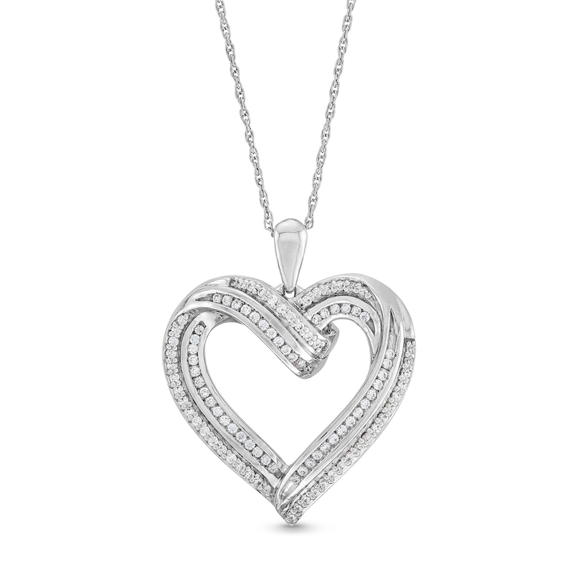 Main Image 1 of 1/2 CT. T.W. Diamond Double Row Ribbon Heart Pendant in Sterling Silver