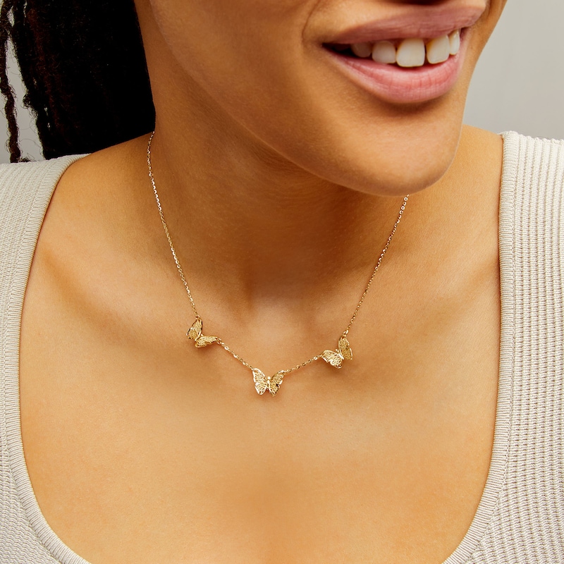 Filigree Diamond-Cut Butterfly Trio Necklace in 10K Gold - 18”