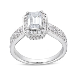 1-3/4 CT. T.W. Emerald-Cut Certified Diamond Frame Triple Row Shank Engagement Ring in 14K White Gold (I/I1)