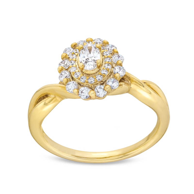 Main Image 1 of 1/2 CT. T.W. Oval Diamond Double Frame Twist Shank Engagement Ring in 14K Gold