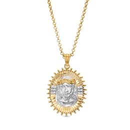 1/8 CT. T.W. Diamond Jesus Sunburst Oval Medallion Pendant in 10K Two-Tone Gold - 20&quot;