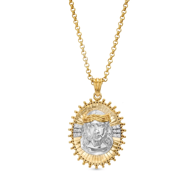 1/8 CT. T.W. Diamond Jesus Sunburst Oval Medallion Pendant in 10K Two-Tone Gold - 20"