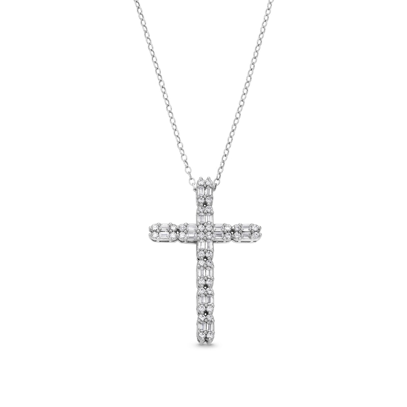 Main Image 1 of 1/2 CT. T.W. Baguette and Round Diamond Alternating Duos Cross Pendant in 10K White Gold