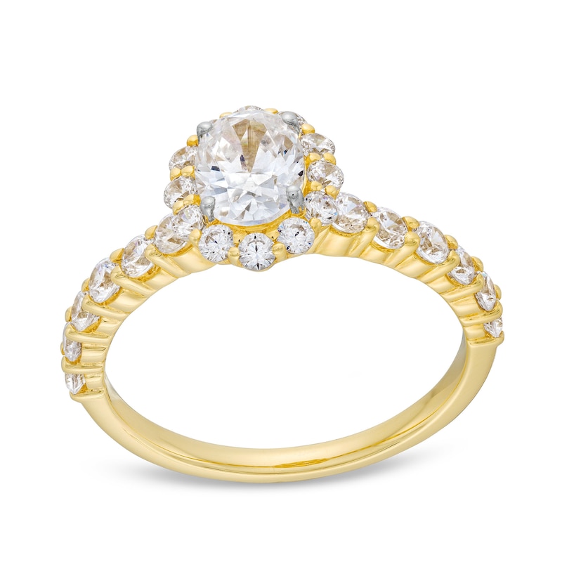 Main Image 1 of 1-1/2 CT. T.W. Oval Certified Diamond Frame Engagement Ring in 14K Gold (I/SI2)