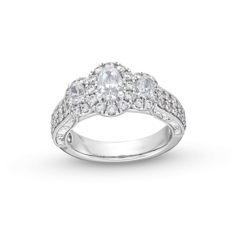 Main Image 1 of 1-1/2 CT. T.W. Oval Diamond Frame Past Present Future® Double Row Engagement Ring in 14K White Gold