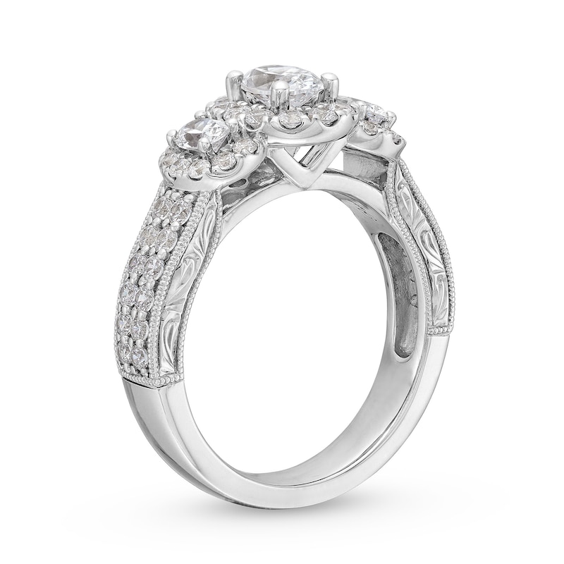 Main Image 3 of 1-1/2 CT. T.W. Oval Diamond Frame Past Present Future® Double Row Engagement Ring in 14K White Gold