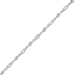 Oval Aquamarine and White Lab-Created Sapphire Bypass Link Alternating Bracelet in Sterling Silver - 7.25”
