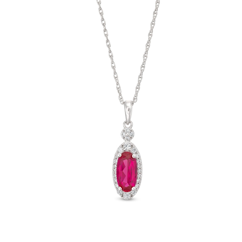 Main Image 1 of Oval Lab-Created Ruby and White Lab-Created Sapphire Frame Drop Pendant in Sterling Silver