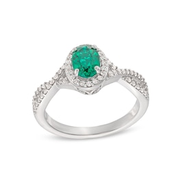 Oval Lab-Created Emerald and White Lab-Created Sapphire Frame Twist Shank Ring in Sterling Silver