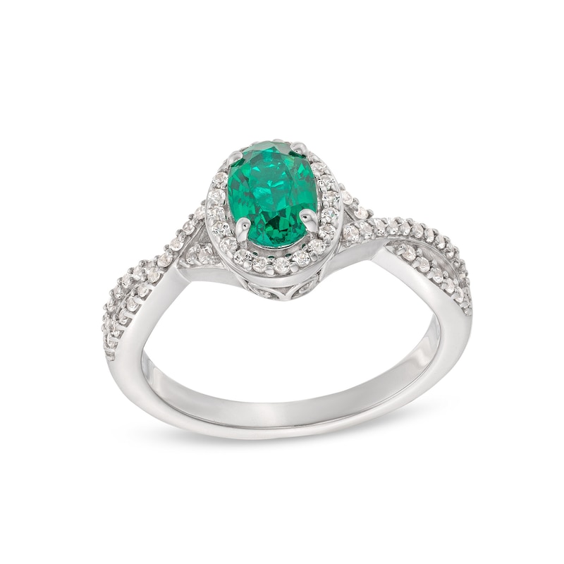 Main Image 1 of Oval Lab-Created Emerald and White Lab-Created Sapphire Frame Twist Shank Ring in Sterling Silver