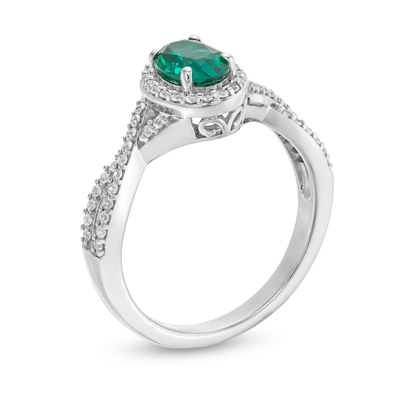 Main Image 3 of Oval Lab-Created Emerald and White Lab-Created Sapphire Frame Twist Shank Ring in Sterling Silver