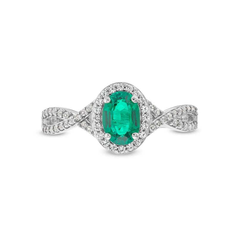 Main Image 4 of Oval Lab-Created Emerald and White Lab-Created Sapphire Frame Twist Shank Ring in Sterling Silver