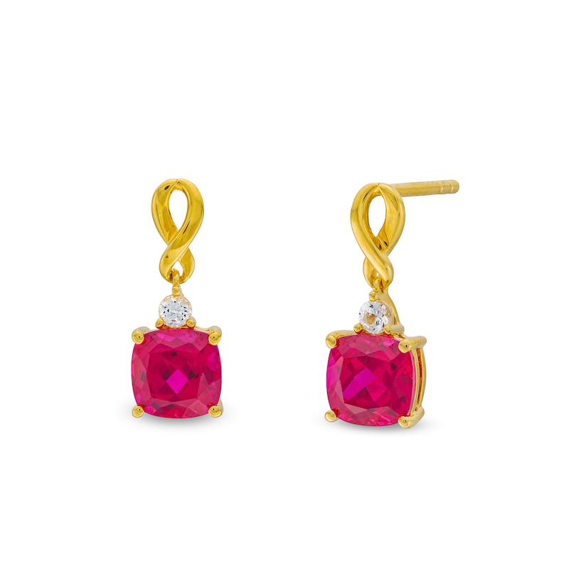 Main Image 1 of Cushion-Cut Lab-Created Ruby and White Lab-Created Sapphire Drop Earrings in Sterling Silver with 14K Gold Plate