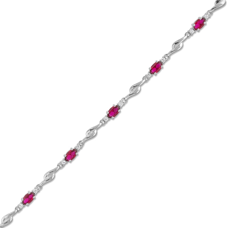 Main Image 1 of Oval Lab-Created Ruby and White Lab-Created Sapphire Bypass Link Alternating Bracelet in Sterling Silver - 7.25”