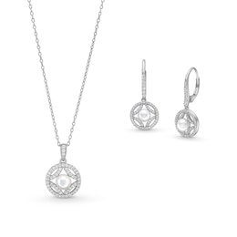 Freshwater Cultured Pearl and White Lab-Created Sapphire Open Frame Pendant and Drop Earrings Set in Sterling Silver