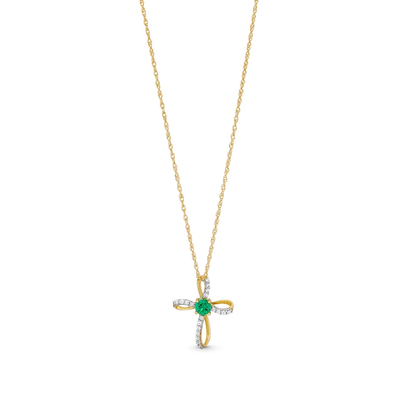 Main Image 1 of Lab-Created Emerald and 1/20 CT. T.W. Diamond Windmill Cross Pendant in 10K Gold