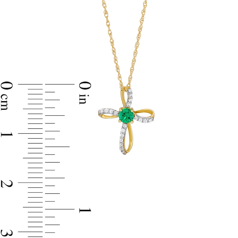 Main Image 3 of Lab-Created Emerald and 1/20 CT. T.W. Diamond Windmill Cross Pendant in 10K Gold