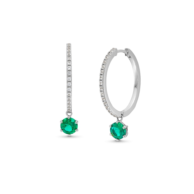 Main Image 1 of 6.5mm Lab-Created Emerald and White Lab-Created Sapphire Dangle Hoop Earrings in Sterling Silver