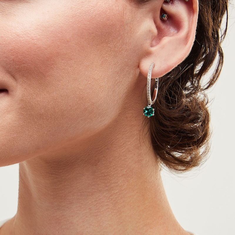 Main Image 2 of 6.5mm Lab-Created Emerald and White Lab-Created Sapphire Dangle Hoop Earrings in Sterling Silver