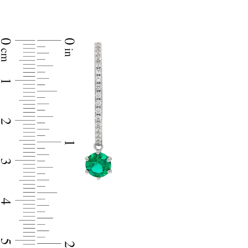 Main Image 3 of 6.5mm Lab-Created Emerald and White Lab-Created Sapphire Dangle Hoop Earrings in Sterling Silver