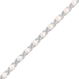 5.0mm Freshwater Cultured Pearl and Diamond Accent &quot;XO&quot; Link Bracelet in Sterling Silver - 7.5&quot;