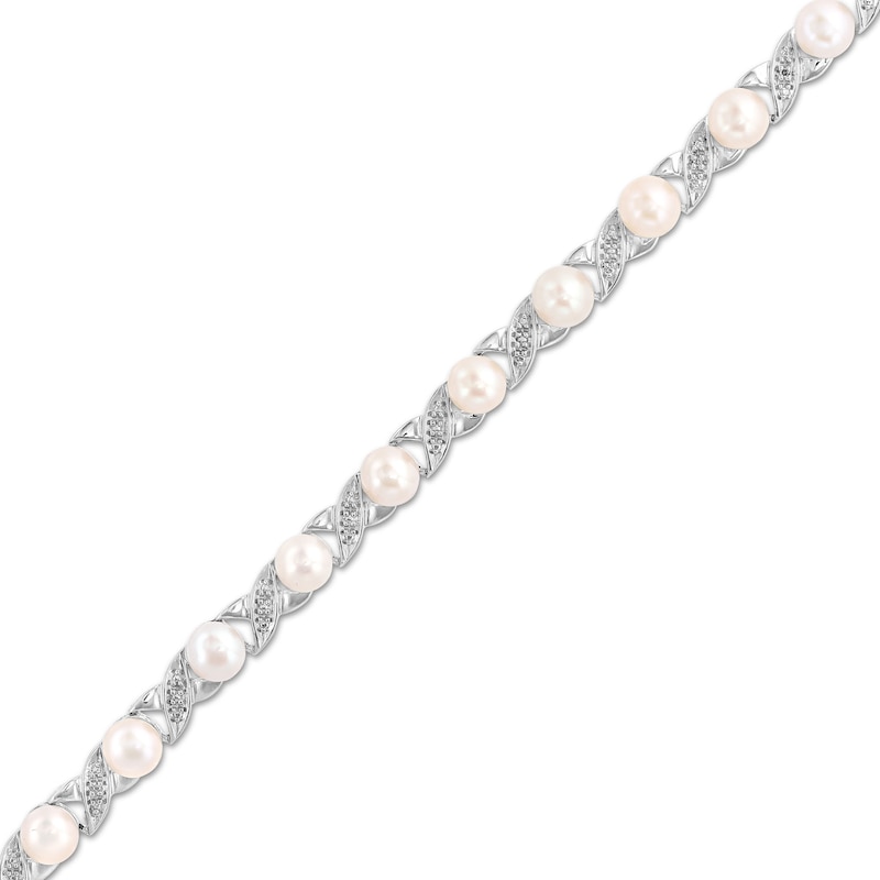 Main Image 1 of 5.0mm Freshwater Cultured Pearl and Diamond Accent &quot;XO&quot; Link Bracelet in Sterling Silver - 7.5&quot;