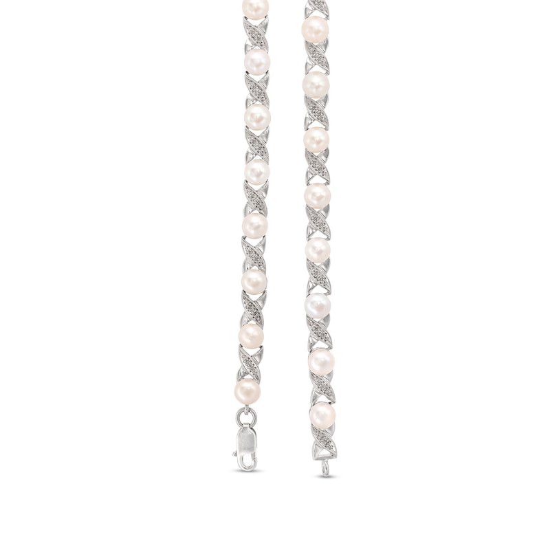 Main Image 3 of 5.0mm Freshwater Cultured Pearl and Diamond Accent &quot;XO&quot; Link Bracelet in Sterling Silver - 7.5&quot;