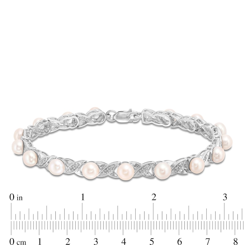 Main Image 4 of 5.0mm Freshwater Cultured Pearl and Diamond Accent &quot;XO&quot; Link Bracelet in Sterling Silver - 7.5&quot;