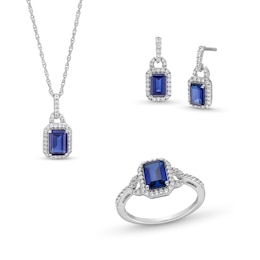 Emerald-Cut Blue and White Lab-Created Sapphire Doorknocker Pendant, Ring and Drop Earrings Set in Sterling Silver