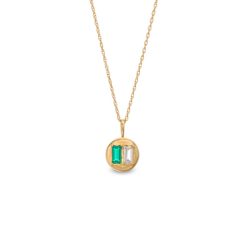 Main Image 1 of Baguette Lab-Created Emerald and White Lab-Created Sapphire Duo Disc Pendant in 10K Gold