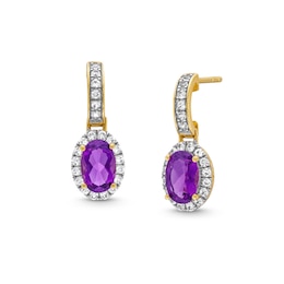 Oval Amethyst and White Lab-Created Sapphire Frame Drop Earrings in 10K Gold