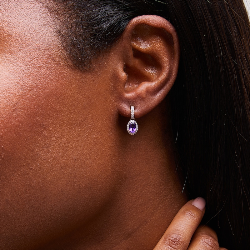 Main Image 2 of Oval Amethyst and White Lab-Created Sapphire Frame Drop Earrings in 10K Gold