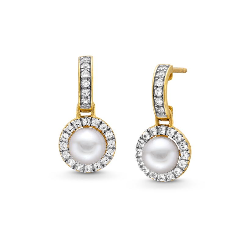 Main Image 1 of 5.0mm Freshwater Cultured Pearl and White Lab-Created Sapphire Frame Drop Earrings in 10K Gold