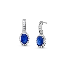 Oval Blue Natural Sapphire and White Lab-Created Sapphire Frame Drop Earrings in 10K Gold