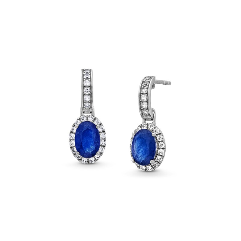 Oval Blue Natural Sapphire and White Lab-Created Sapphire Frame Drop Earrings in 10K Gold