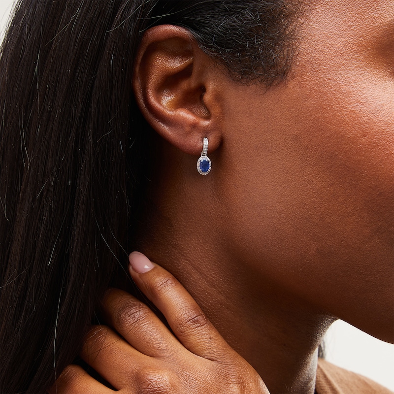 Oval Blue Natural Sapphire and White Lab-Created Sapphire Frame Drop Earrings in 10K Gold