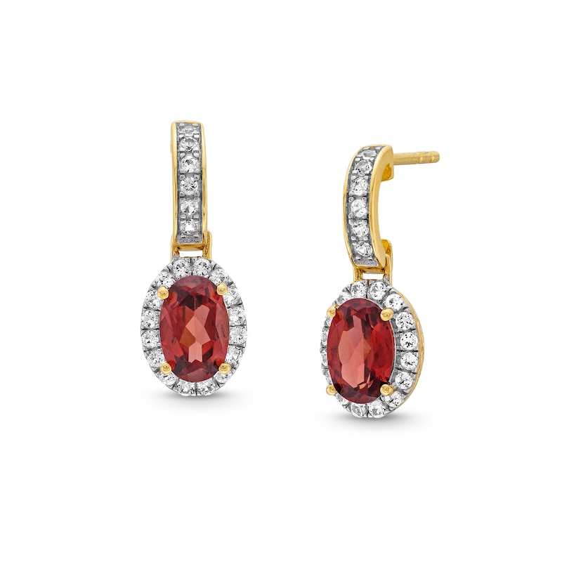 Main Image 1 of Oval Garnet and White Lab-Created Sapphire Frame Drop Earrings in 10K Gold