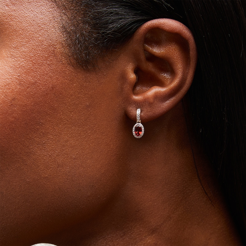 Oval Garnet and White Lab-Created Sapphire Frame Drop Earrings in 10K Gold