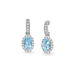 Oval Aquamarine and White Lab-Created Sapphire Frame Drop Earrings in 10K Gold
